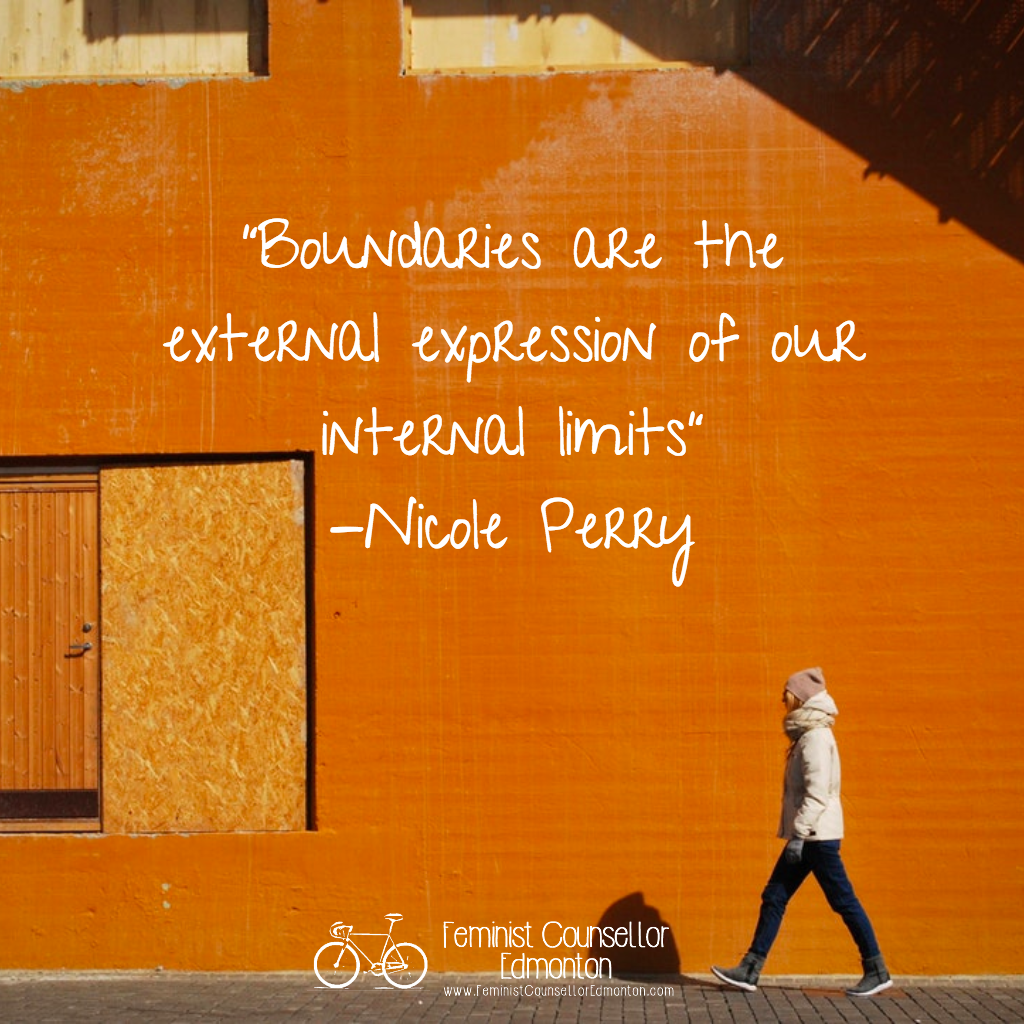 Picture of a person walking, with an orange background over which it reads: “Boundaries are the external expression of our internal limits - Nicole Perry”.